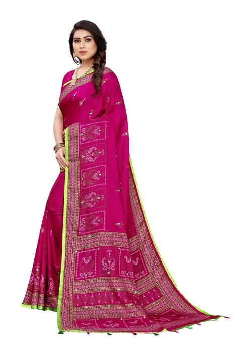 Vamika Embroidery Pink Jute Silk Saree (Jhulka Pink) | Grocsy