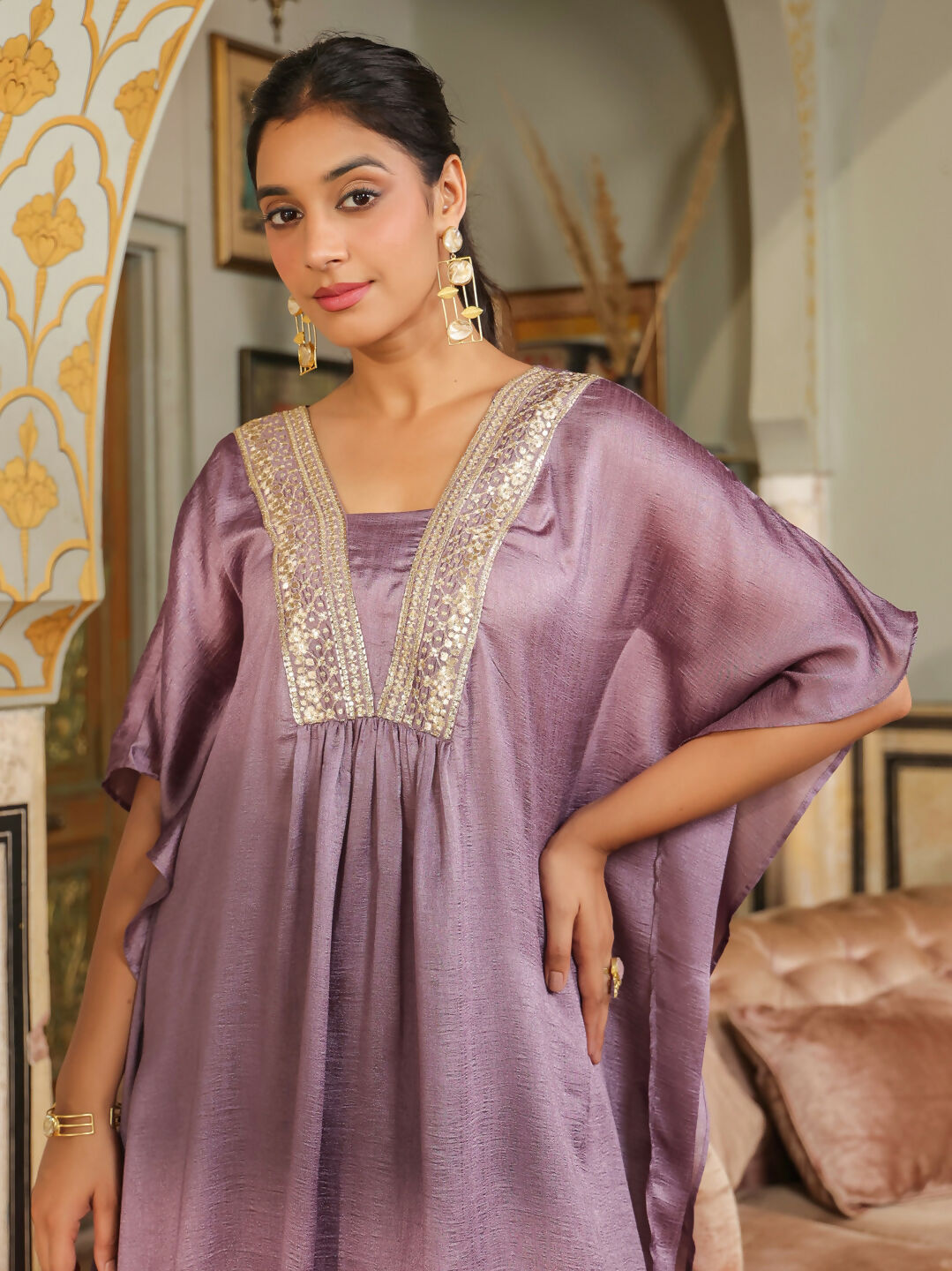 Janasya Lavender Silk Blend Yoke Embroidery Co-Ords | Grocsy