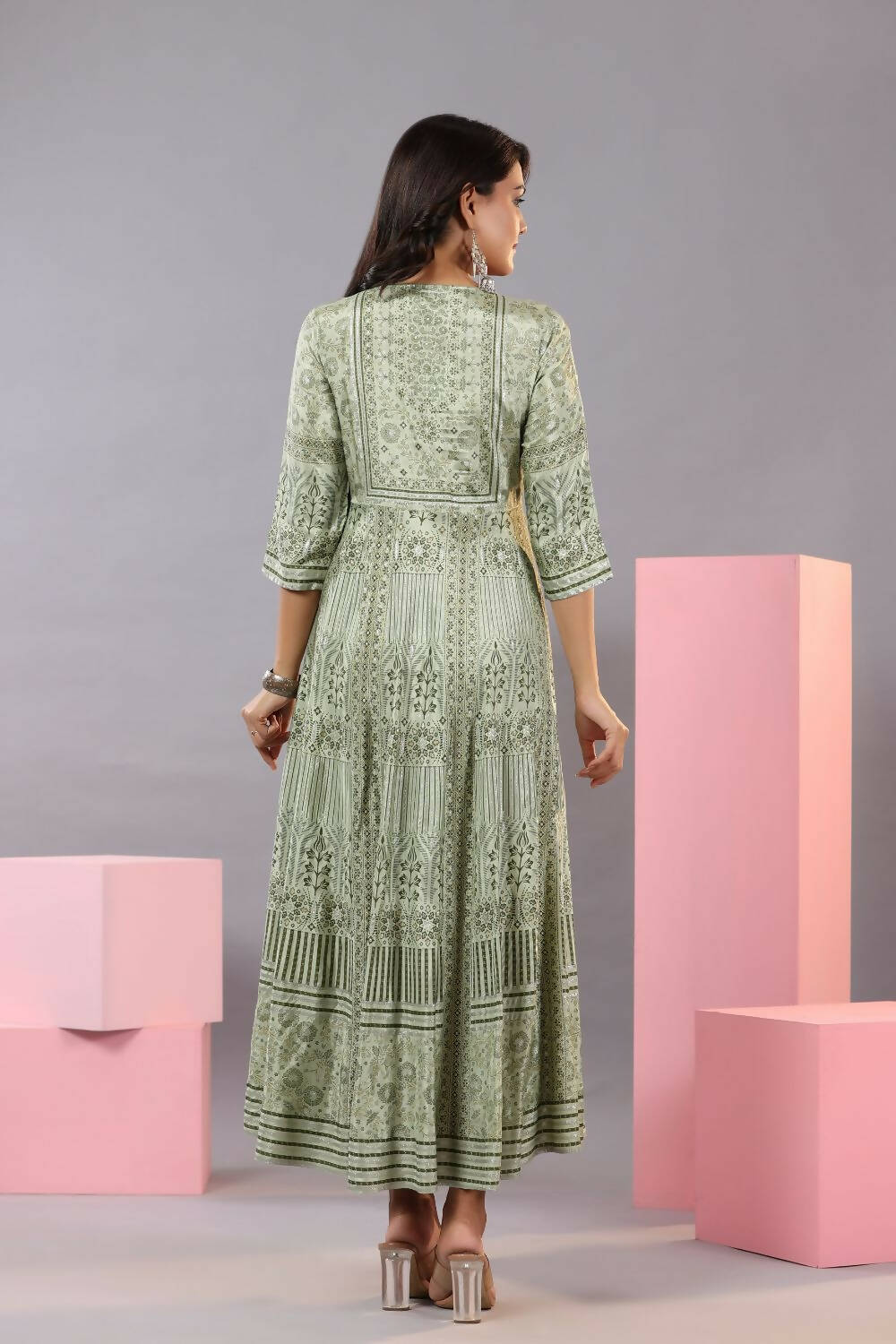 Juniper Women Olive Green Shantoon Floral Printed Maxi Dress | Grocsy