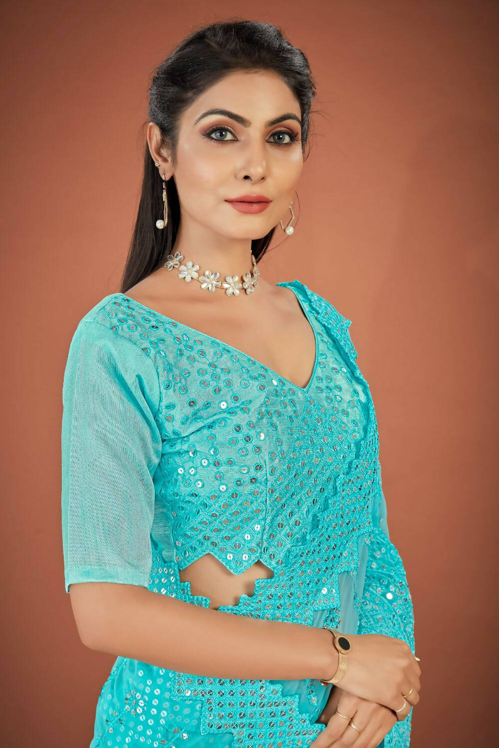 Vamsee Sky Blue Georgette Designer Saree | Grocsy