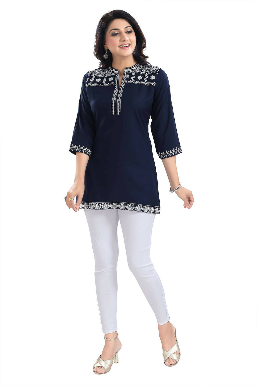 Snehal Creations Novel Navy Blue Women Embroidered Boho Chic Tunic Top | Grocsy