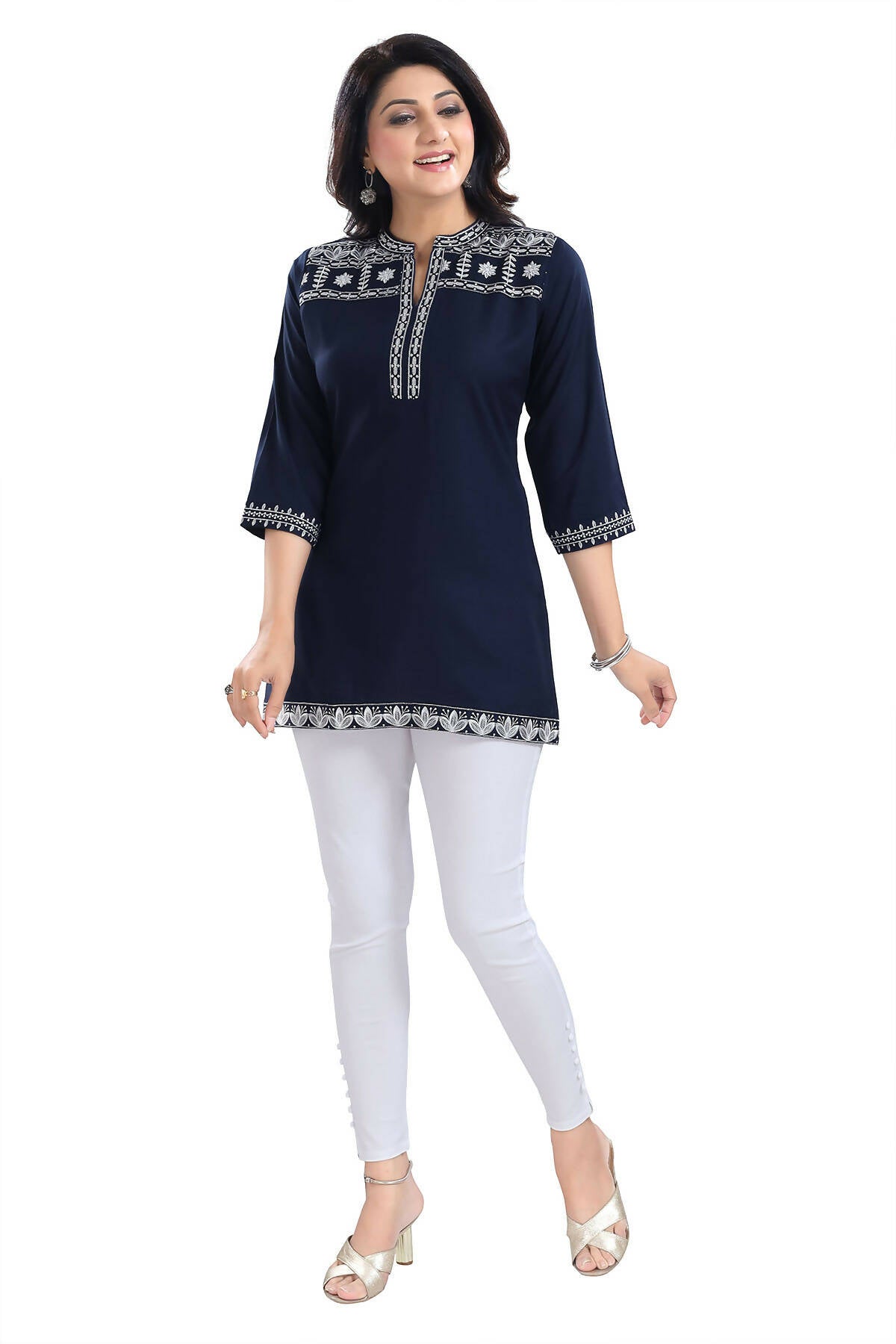 Snehal Creations Novel Navy Blue Women Embroidered Boho Chic Tunic Top | Grocsy