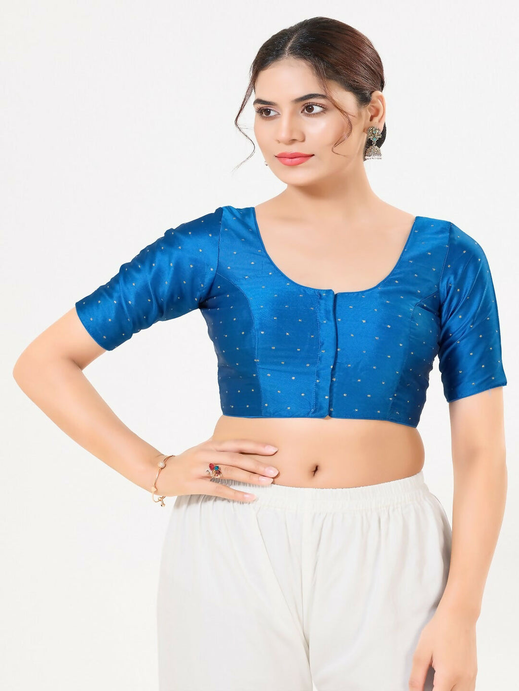 Joban Fashion Cobalt-Blue Taffeta Silk Elbow Sleeveless Front Open Blouse | Grocsy
