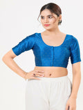 Joban Fashion Cobalt-Blue Taffeta Silk Elbow Sleeveless Front Open Blouse | Grocsy