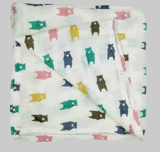 Kindermum Organic Cotton Muslin Swaddle Blanket 110 Cm X 110 Cm - Set Of 2 - Colorful Polka And Bear | Grocsy