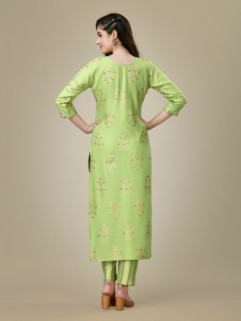 Jyoti Fashion Women's Light Green Rayon Embroidered Kurta Pant Set | Grocsy