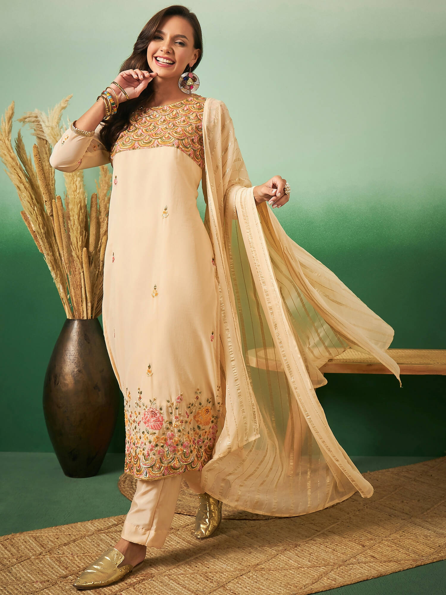 Light Orange Georgette Handwork Unstitched Dress Material - Hanika | Grocsy