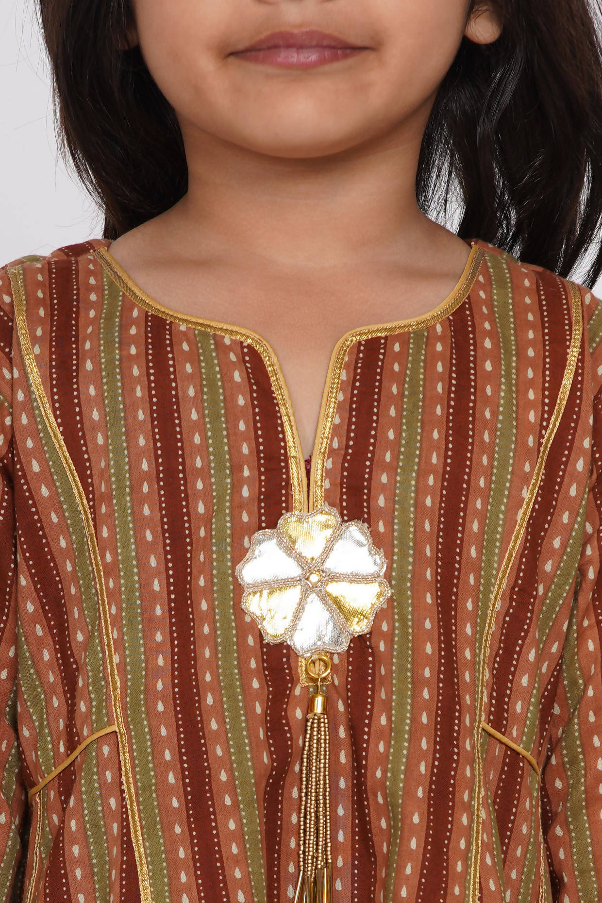 Little Bansi Girls Cotton Kurta frock with Sharara & Dupatta - Brown & Cream | Grocsy