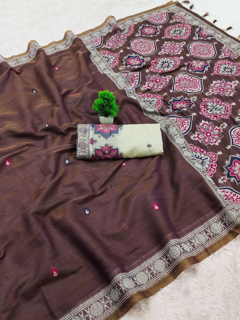 Vastranavya Coffee Muga Cotton Meenakari & Azarakh Pallu Saree with Contrast Blouse | Grocsy