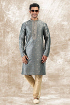 Raivat Ethnic Jacquard Silk Brocade Thread Work Kurta Pajama In Grey Colour | Grocsy