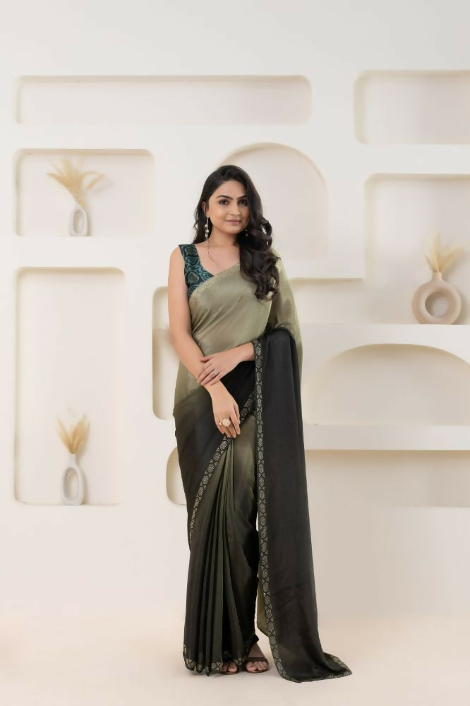Grey Satin Pedding Designer, Printed Party Wear Ready To Wear Saree - Femina | Grocsy