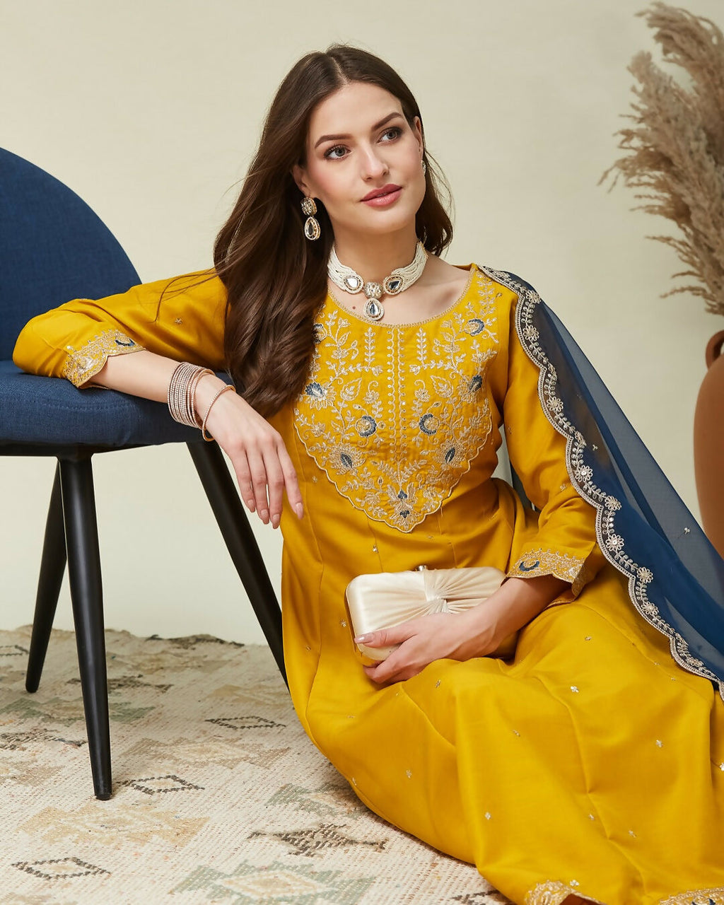 The52 Women's Beautiful Vichitra Fabric Embroidery Work Flared Anarkali Pant and Dupatta Set | Grocsy