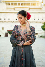 Vaasva Black Chinon Floral Embroidered Angrakha, Pant & Dupatta set | Grocsy