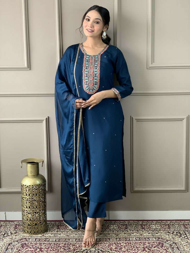 Blue Viscose Chanderi Stitched Suit With Dupatta - Tanisha | Grocsy
