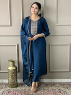 Blue Viscose Chanderi Stitched Suit With Dupatta - Tanisha | Grocsy