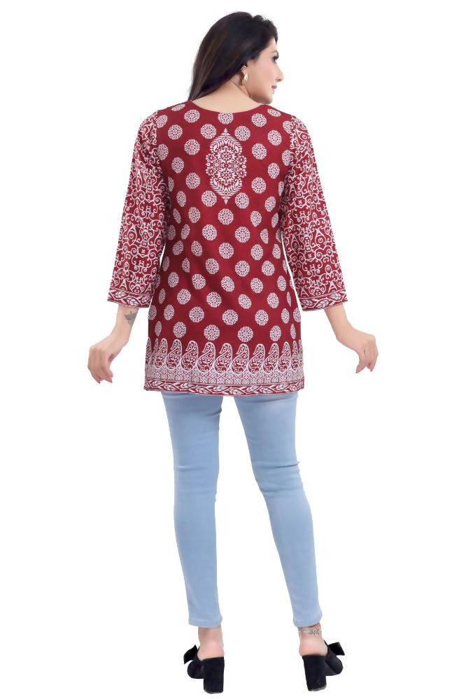 Snehal Creations Rust Faux Crepe Short Kurti Tunic | Grocsy