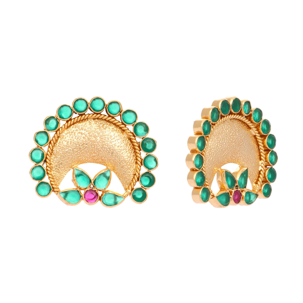 Nuyug 22K Gold Plated Faux Emerald Stone Studded Contemporary Shaped Studs | Grocsy