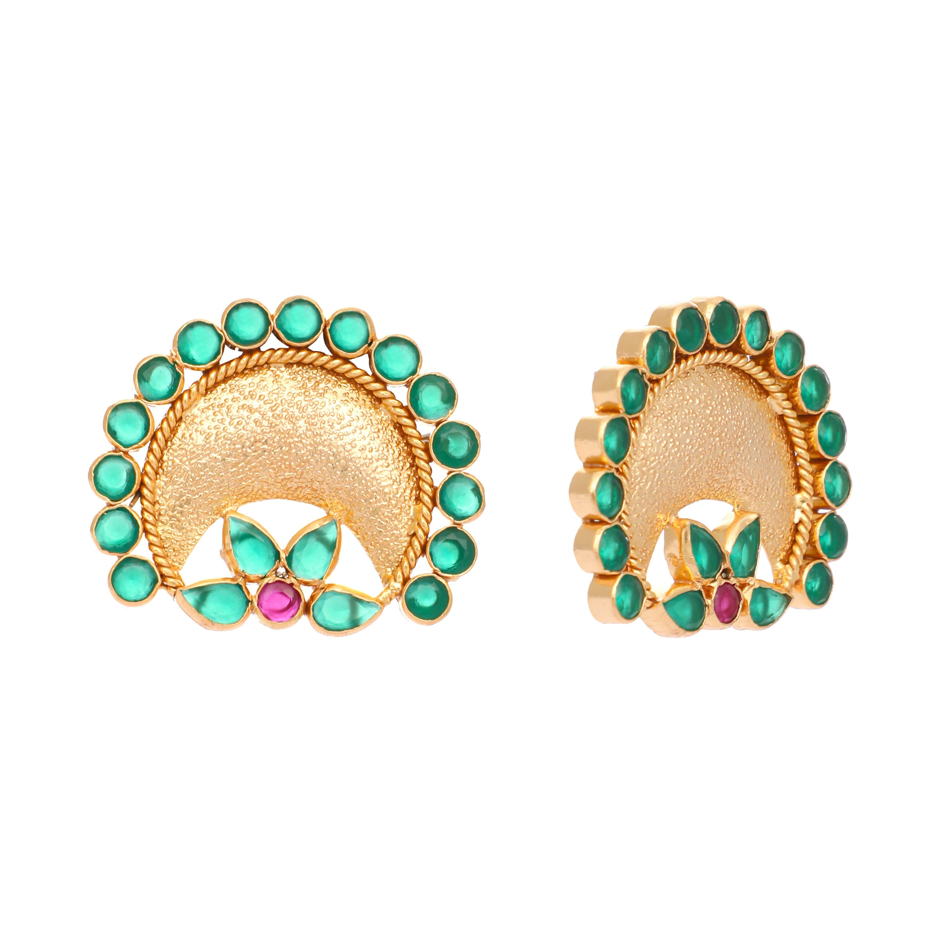 Nuyug 22K Gold Plated Faux Emerald Stone Studded Contemporary Shaped Studs | Grocsy
