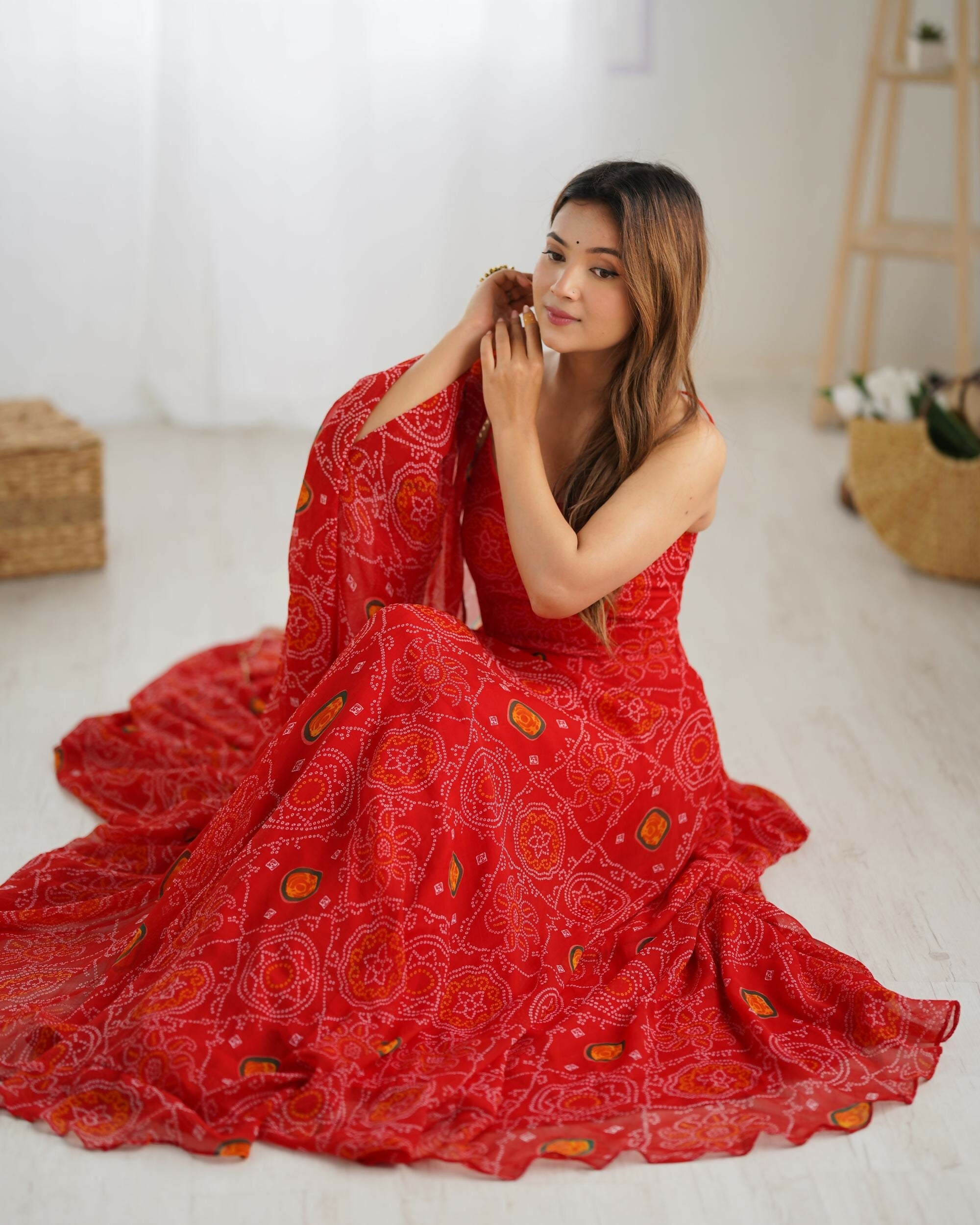 The52 Women's Beautiful Printed Chiffon Bandhej Fabric Flared Anarkali Pant and Dupatta Set | Grocsy