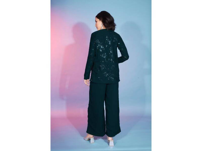 Green Georgette Sequence With Thread Designer Co-Ord Set - Flory | Grocsy