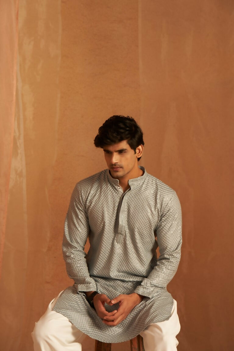Grey viscose Chikankari Embroidery Work Men's Traditional Kurta Set - Mahotsav | Grocsy