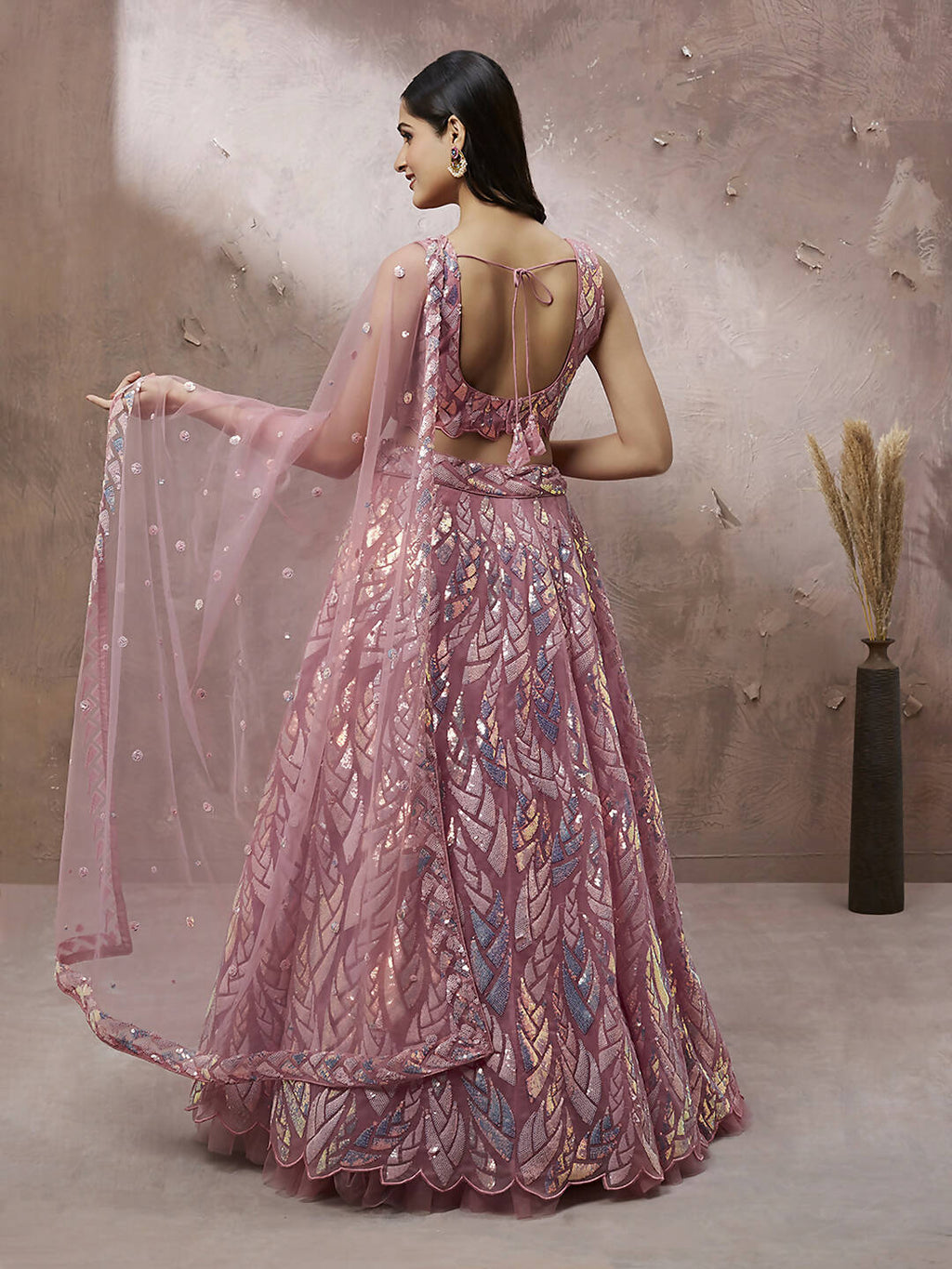 House of Panchhi CORAL Net Sequinse Work Lehenga & Blouse, Dupatta | Grocsy