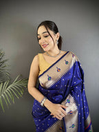 Joban Fashion Royal Blue Peacock & Floral Motifs Soft Lichi Silk Kanchipuram Saree | Grocsy