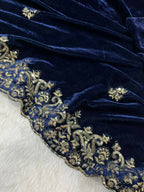 Vastranavya Designer Velvet Sequence & Zari Thread Embroidery work with border and Cutwork Saree - Navy Blue | Grocsy