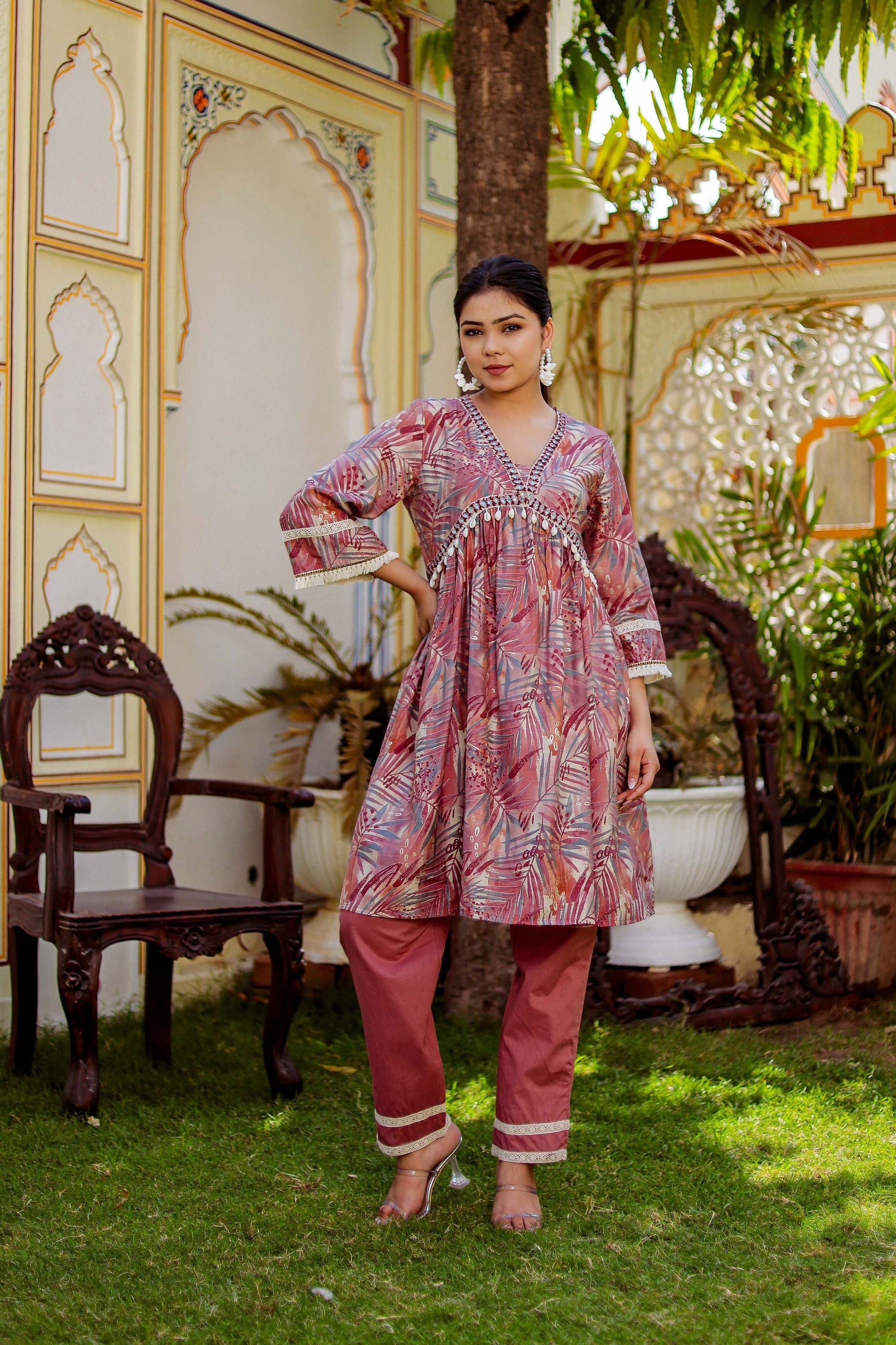 Vaasva Women Brown Muslin Floral Print Alia cut Kurta & Pant (Cord set) | Grocsy