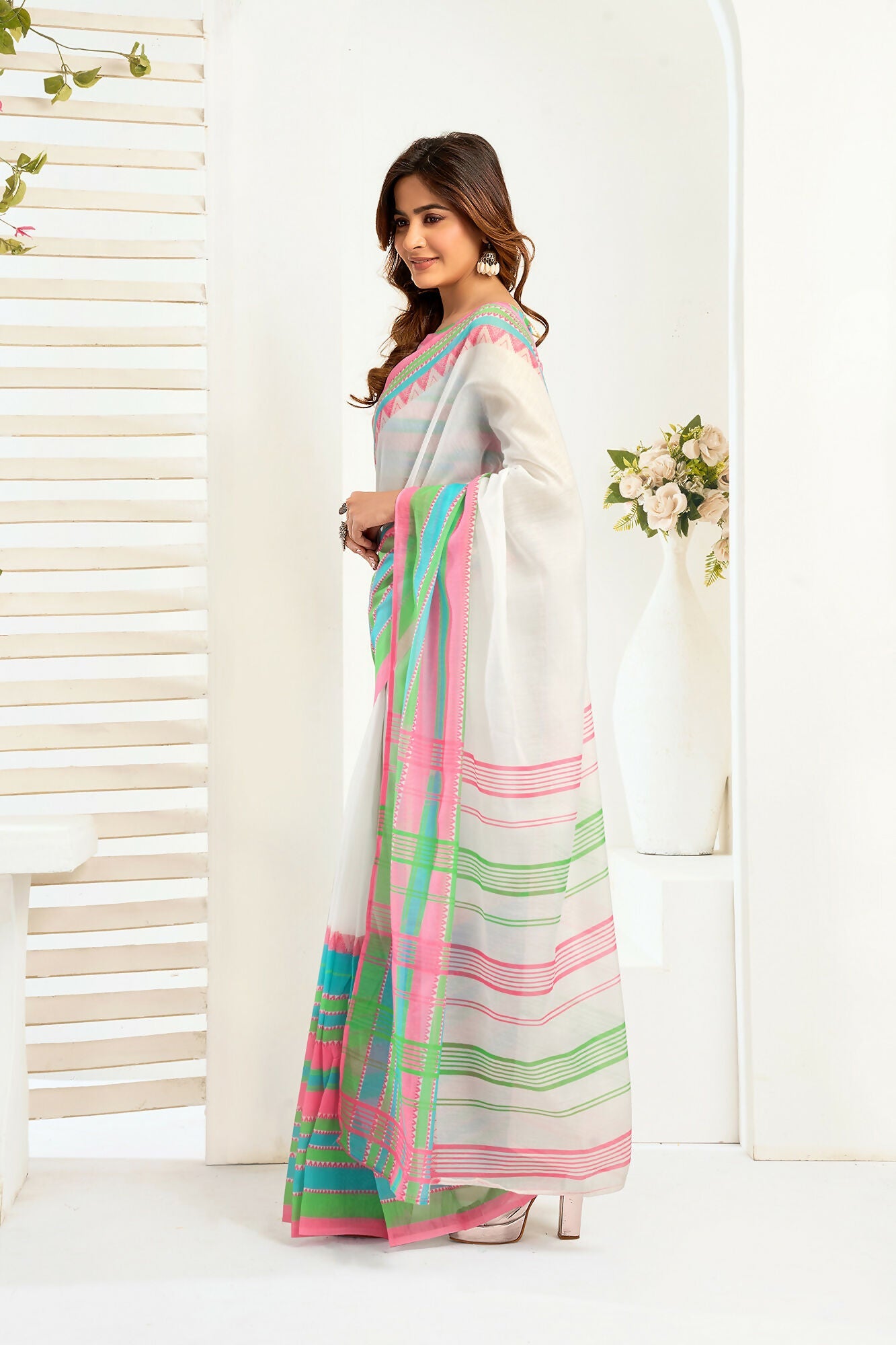 Vastranavya Multicolor Digital Printed Linen Ready To Wear Designer Saree with Unstitched Blouse | Grocsy