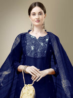 Jyoti Fashion Women's Navy Blue Cotton Blend Embroidery & Fancy Lace work Kurta with Trouser & Dupatta | Grocsy