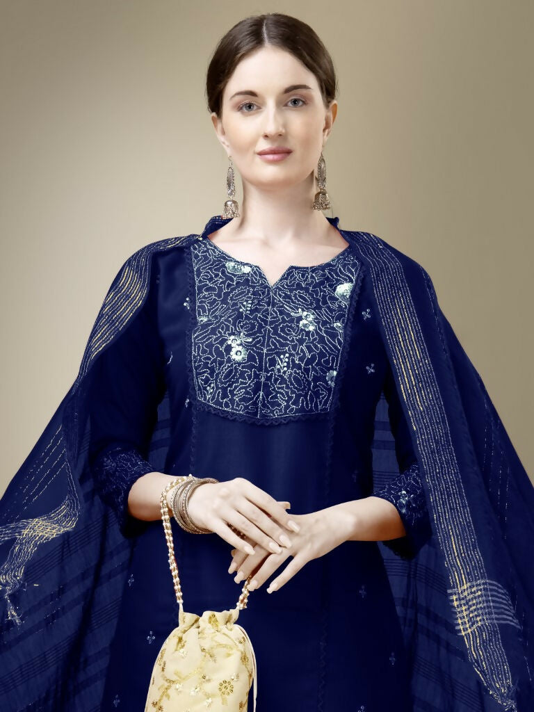 Jyoti Fashion Women's Navy Blue Cotton Blend Embroidery & Fancy Lace work Kurta with Trouser & Dupatta | Grocsy