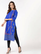 Aniyah Cotton Block Printed Straight Kurta Blue (AN-140K) | Grocsy