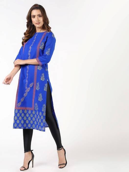 Aniyah Cotton Block Printed Straight Kurta Blue (AN-140K) | Grocsy