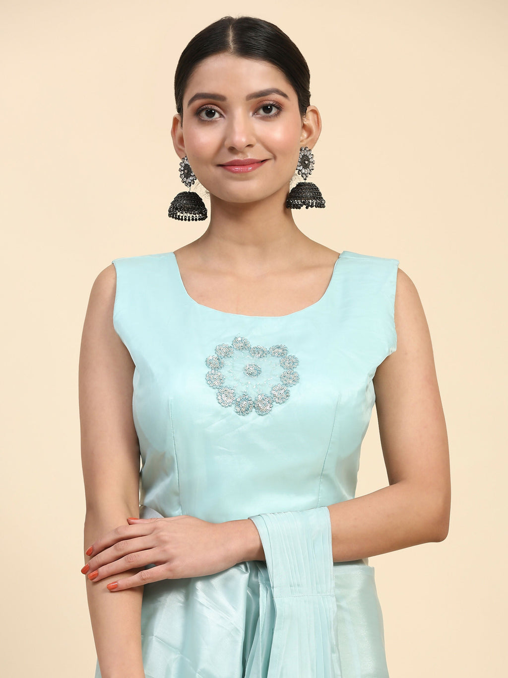 Blue Satin Solid Ready to wear Saree with stitched Blouse - Vanita | Grocsy