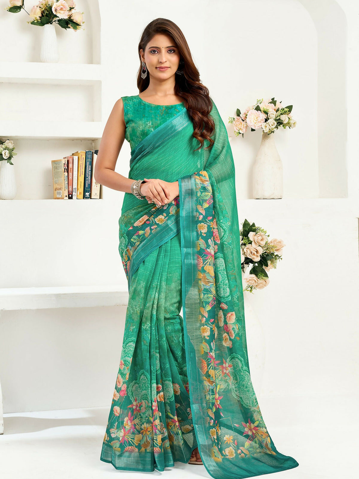Joban Fashion Rama Green Floral Linen Ready To Wear Saree With Unstitched Blouse | Grocsy