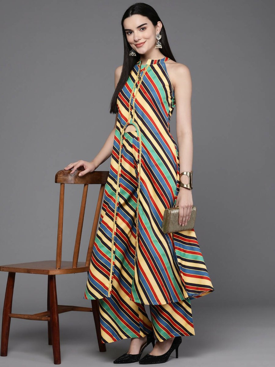 Ahalyaa Women Striped High Slit Kurta with Palazzos - Green Color | Grocsy