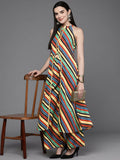 Ahalyaa Women Striped High Slit Kurta with Palazzos - Green Color | Grocsy