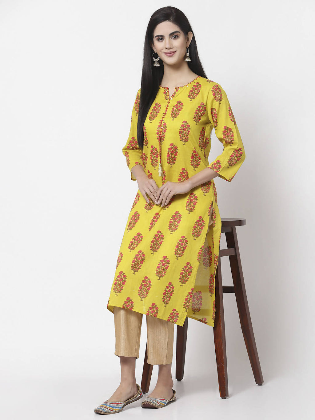 Myshka Women Yellow Pure Cotton Printed 3/4 Sleeve Round Neck Kurta | Grocsy