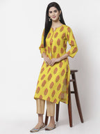 Myshka Women Yellow Pure Cotton Printed 3/4 Sleeve Round Neck Kurta | Grocsy