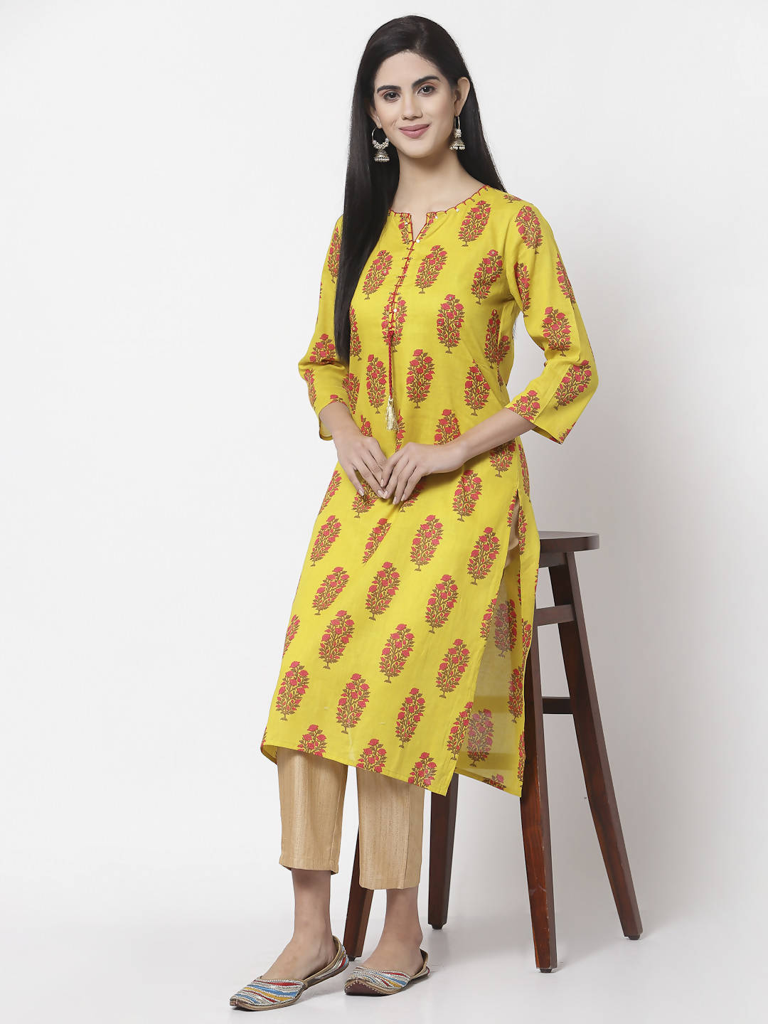 Myshka Women Yellow Pure Cotton Printed 3/4 Sleeve Round Neck Kurta | Grocsy