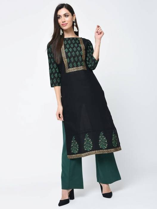 Aniyah Cotton Block Printed Black Straight Kurta (AN-131K) | Grocsy