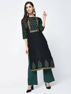 Aniyah Cotton Block Printed Black Straight Kurta (AN-131K) | Grocsy