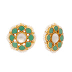 Nuyug 22K Gold-Plated Green Kundan Studded & Pearls Beaded Floral Shaped Studs | Grocsy