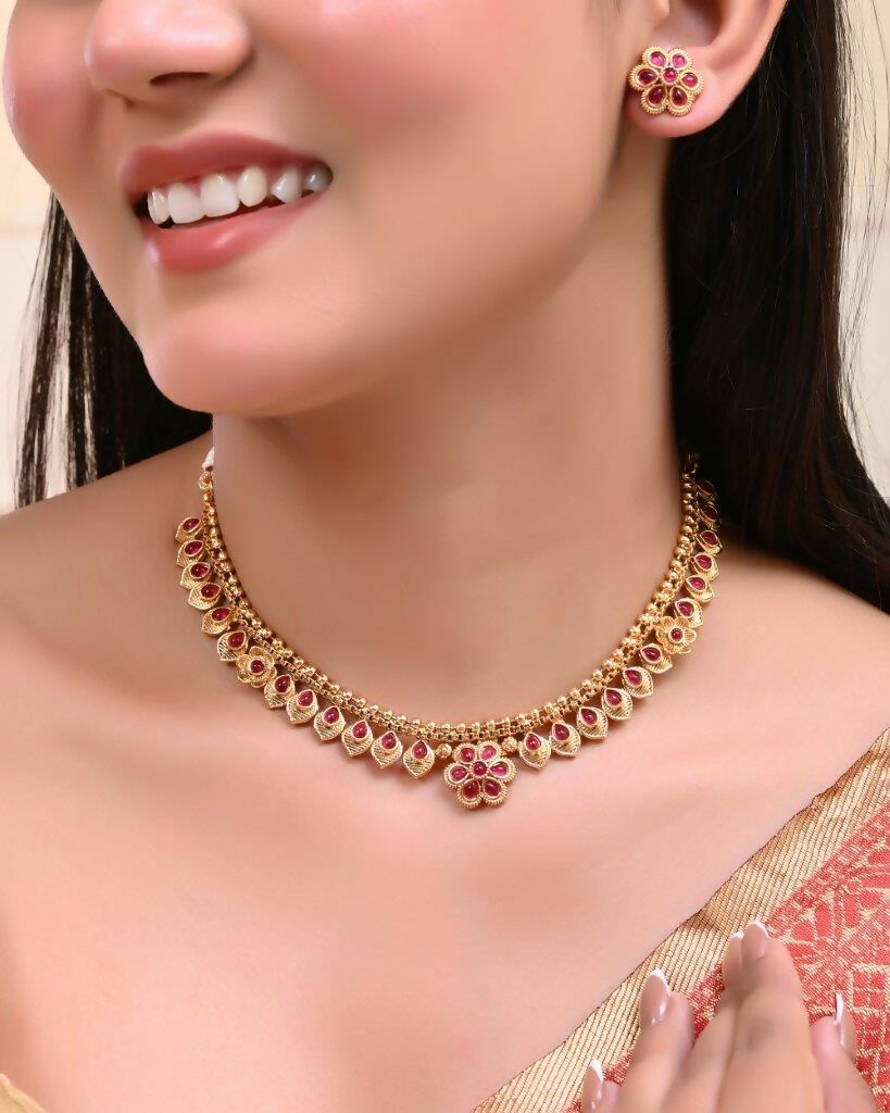 VOJ Gold-Polished Flower Shaped Ruby Stone Studded Jewellery Set | Grocsy