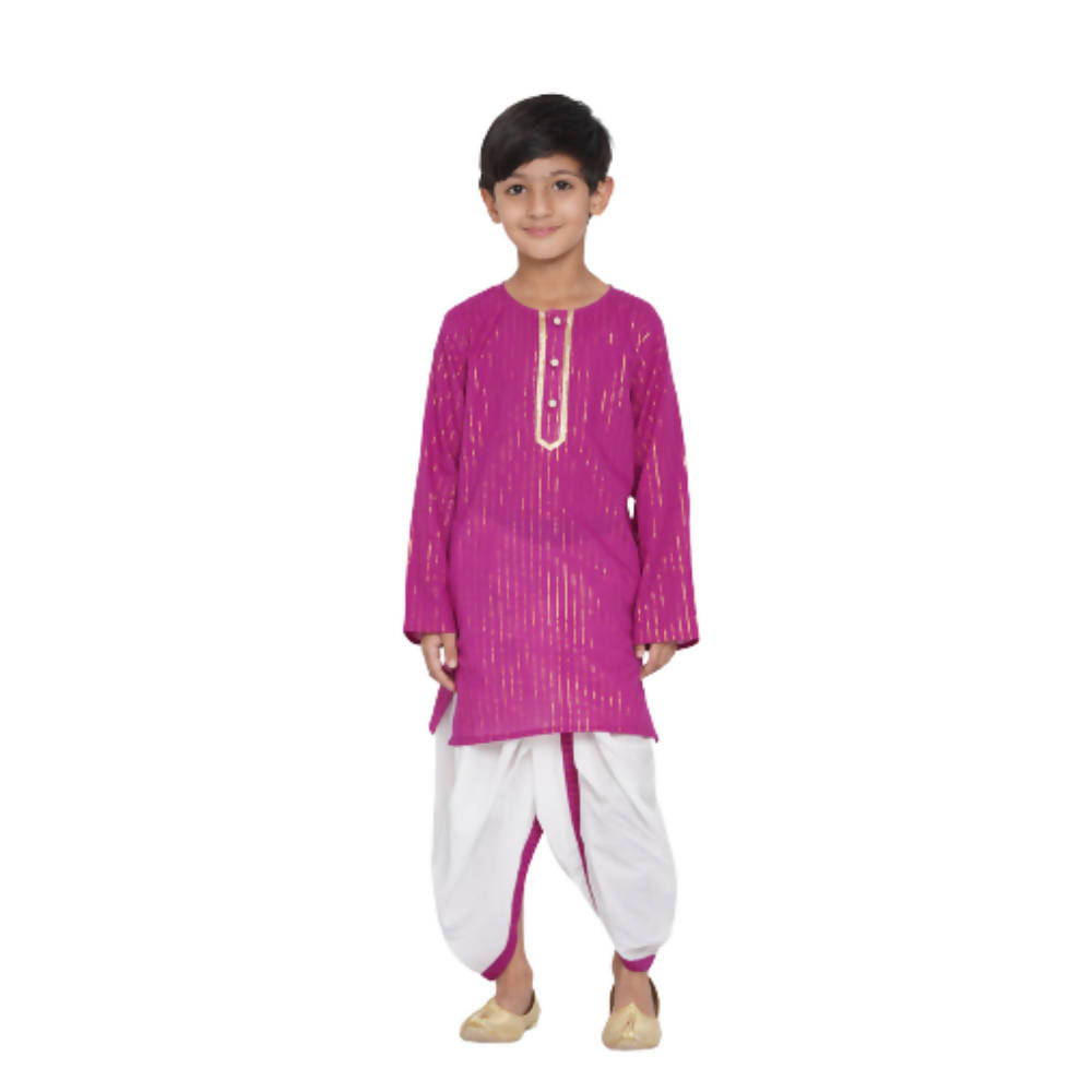 Little Bansi Boys Golden Striped Kurta and Dhoti - Purple and Cream | Grocsy