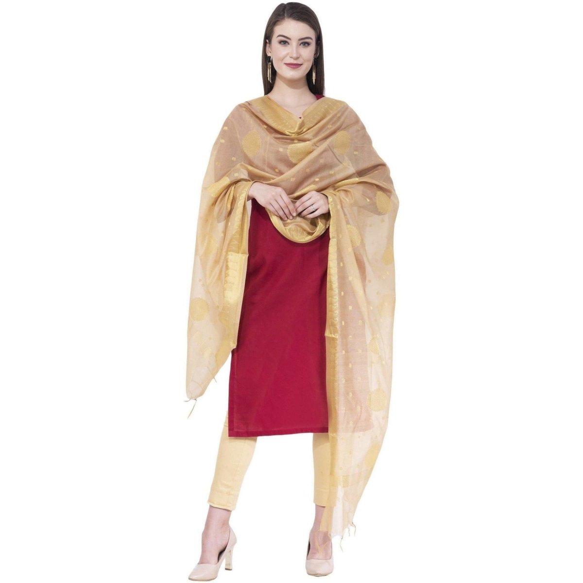 A R Silk Golden Color Fancy Vanarsi Silk Dupattas and Chunnis | Grocsy
