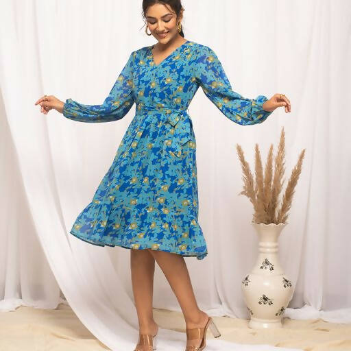 FIORRA Women's Navy Blue Georgette Floral Printed Western Dress | Grocsy