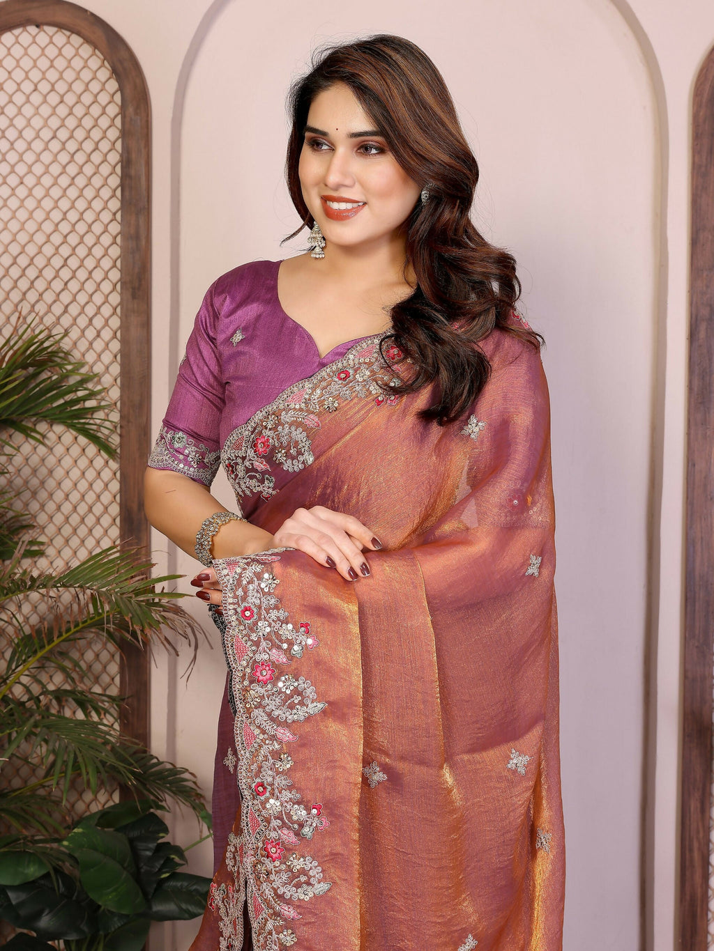 Teeya Creation New Womens Latest Party Wear Soft Chiffon Silk Saree-Peach | Grocsy