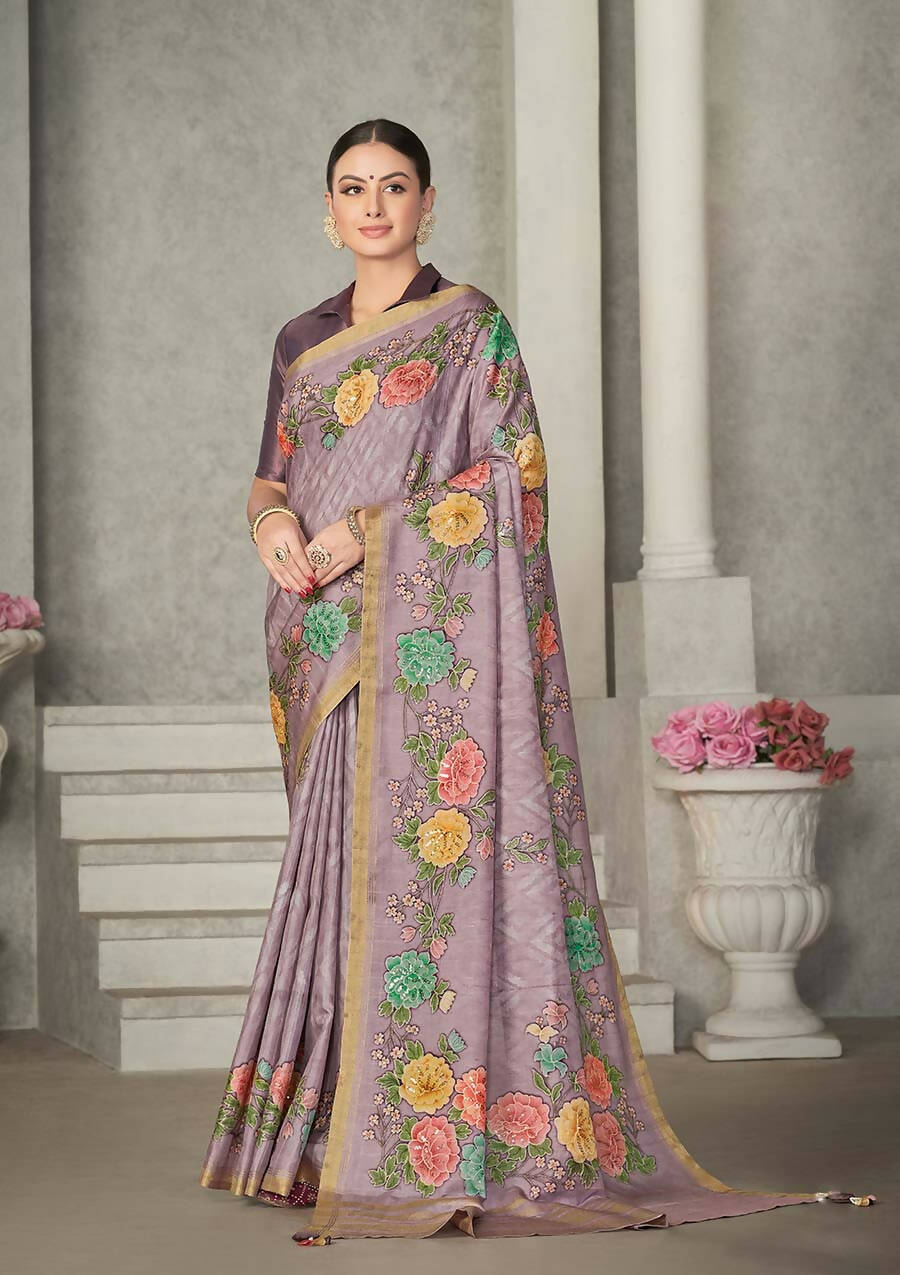 Lavendar Rangkat Tussar Silk Woven Design Saree with Unstitched Blouse - Mohmanthan Eshani | Grocsy